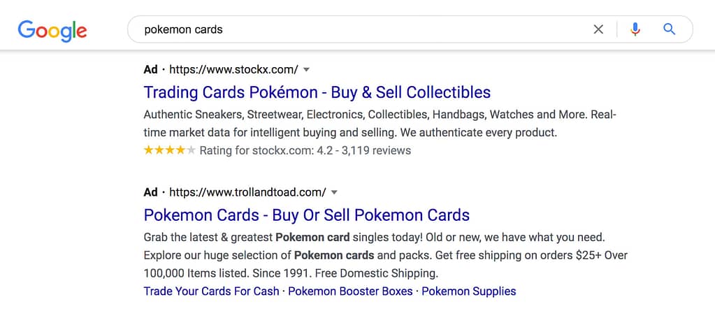 Ad results from Google Search for pokemon cards.
